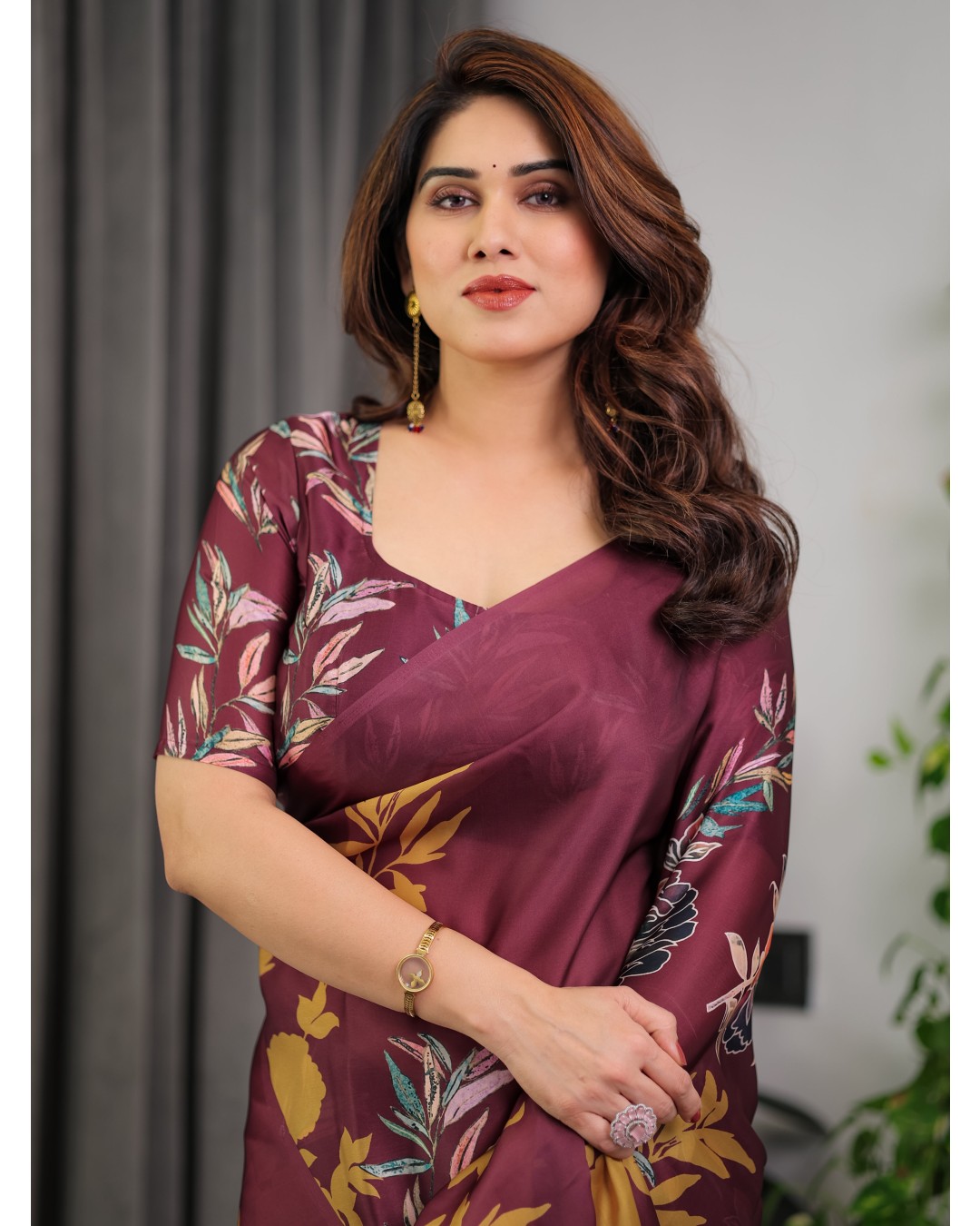 Floral Print Satin Georgette Saree with Designer Attached BP (Pack of 1)