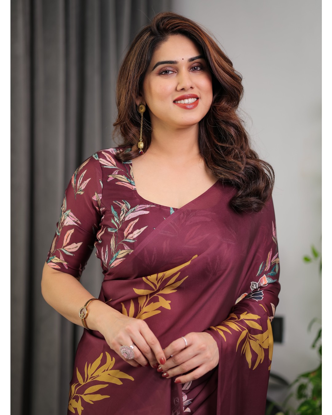 Floral Print Satin Georgette Saree with Designer Attached BP (Pack of 1)