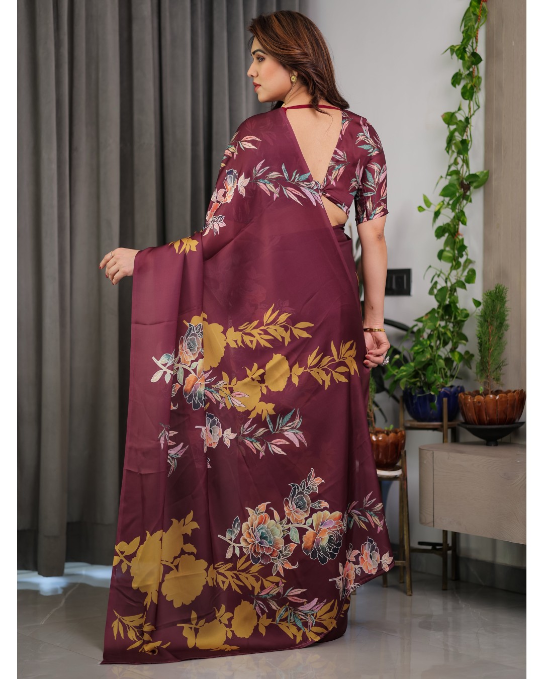 Floral Print Satin Georgette Saree with Designer Attached BP (Pack of 1)