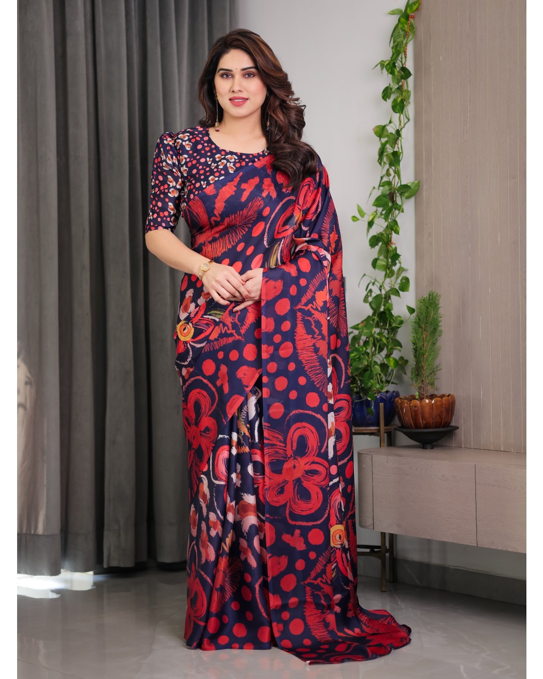 Floral Print Satin Georgette Saree with Designer Attached BP (Pack of 1)