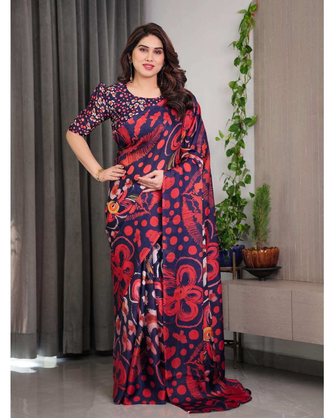 Floral Print Satin Georgette Saree with Designer Attached BP (Pack of 1)