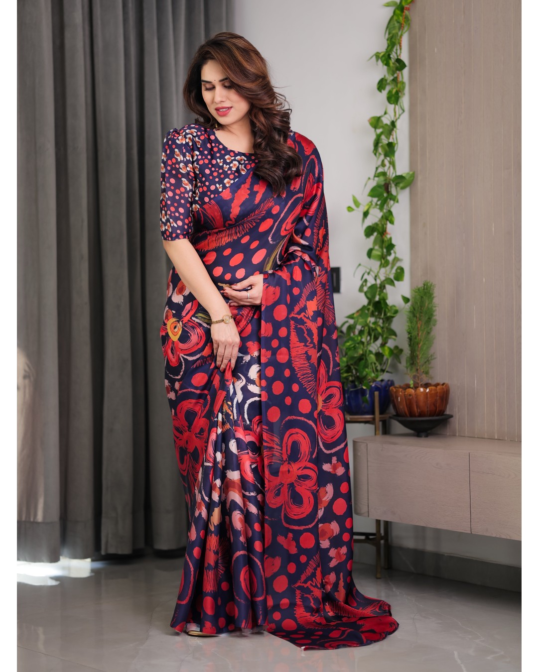 Floral Print Satin Georgette Saree with Designer Attached BP (Pack of 1)