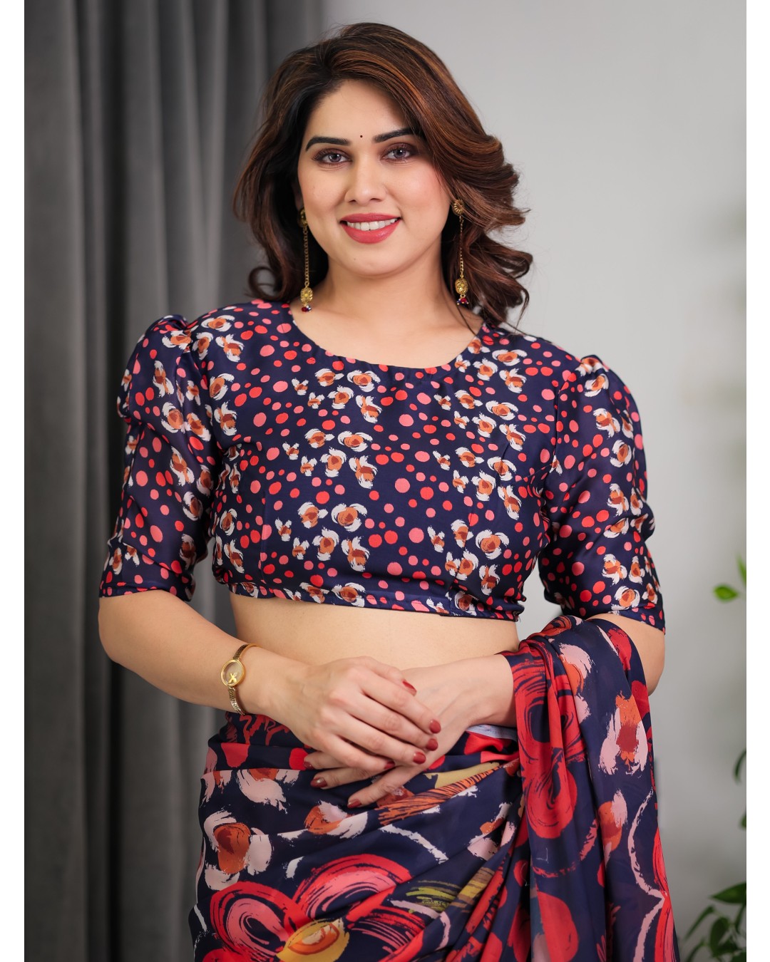 Floral Print Satin Georgette Saree with Designer Attached BP (Pack of 1)