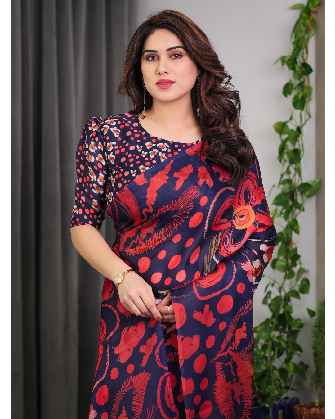 Floral Print Satin Georgette Saree with Designer Attached BP (Pack of 1)