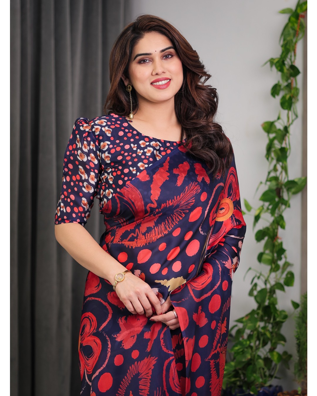 Floral Print Satin Georgette Saree with Designer Attached BP (Pack of 1)