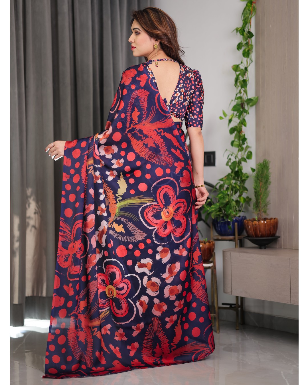 Floral Print Satin Georgette Saree with Designer Attached BP (Pack of 1)