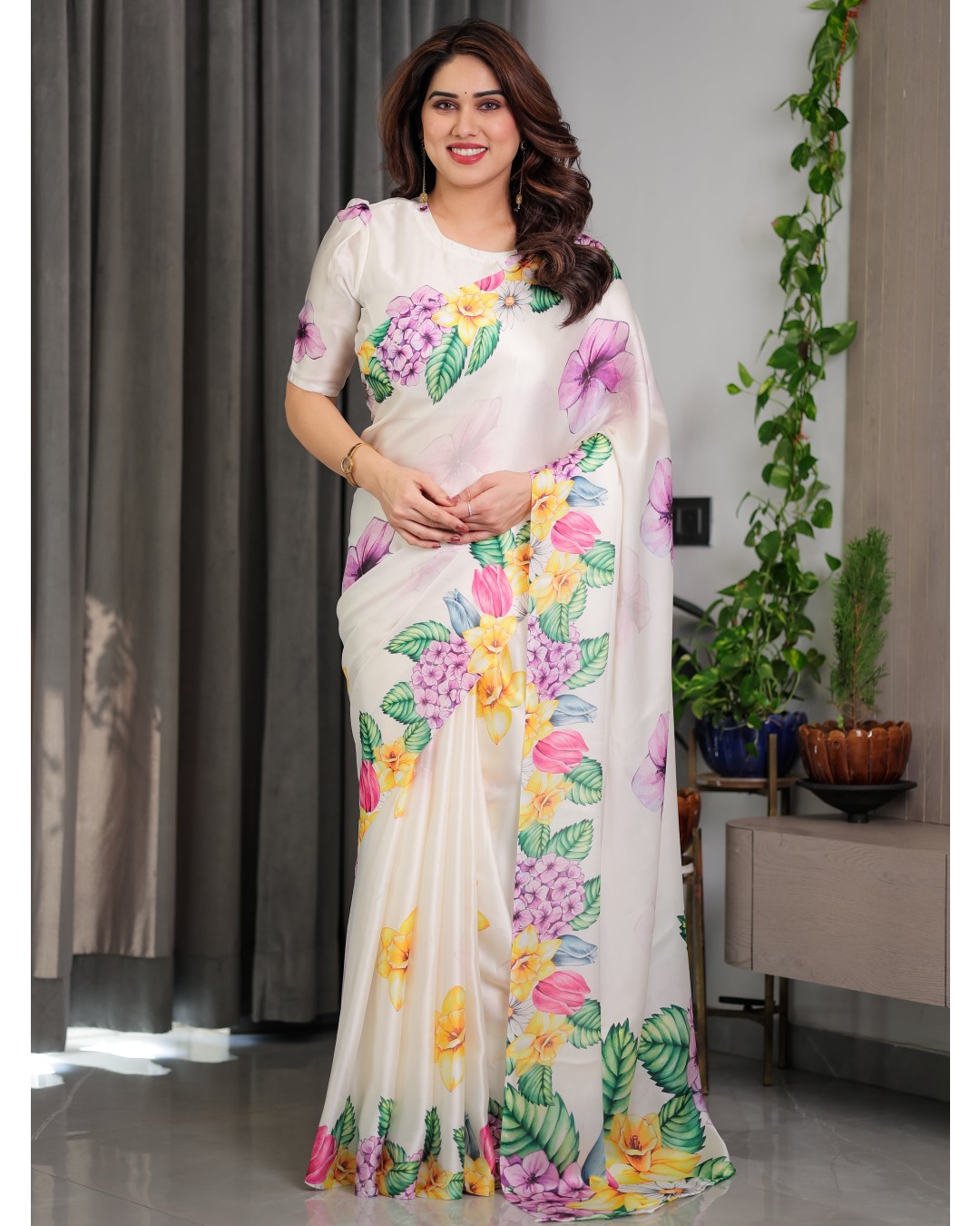 Floral Print Satin Georgette Saree with Designer Attached BP (Pack of 1)
