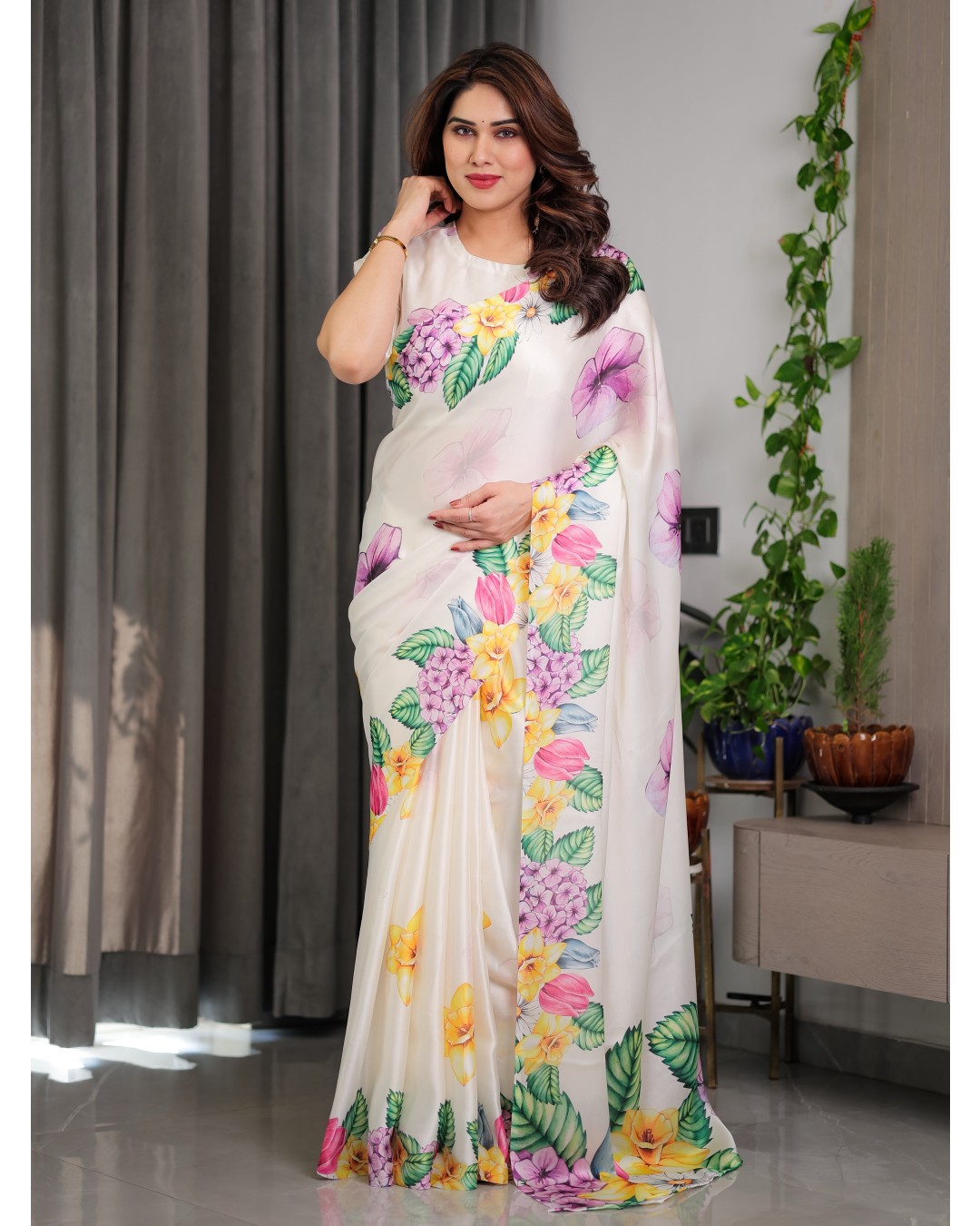 Floral Print Satin Georgette Saree with Designer Attached BP (Pack of 1)