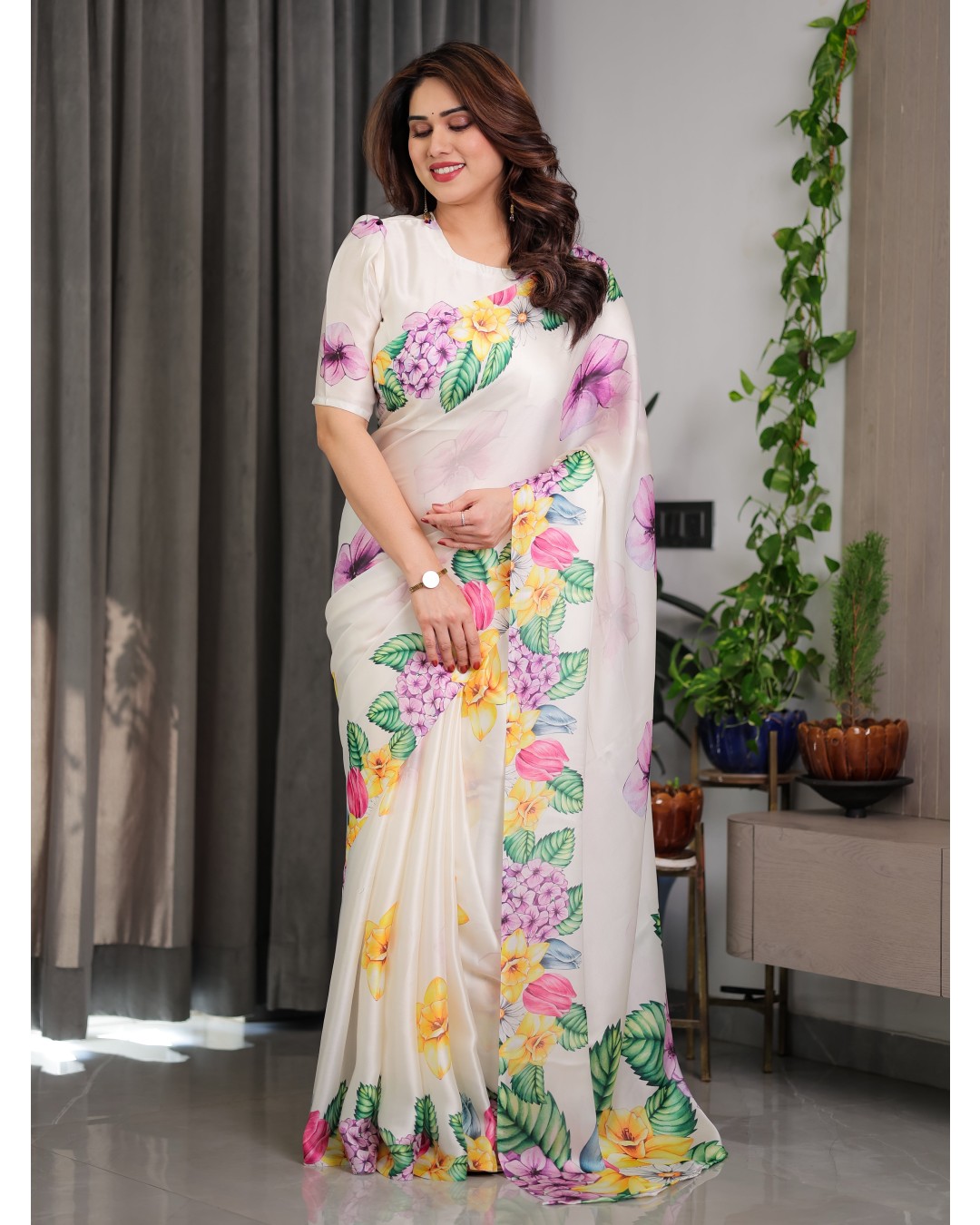 Floral Print Satin Georgette Saree with Designer Attached BP (Pack of 1)