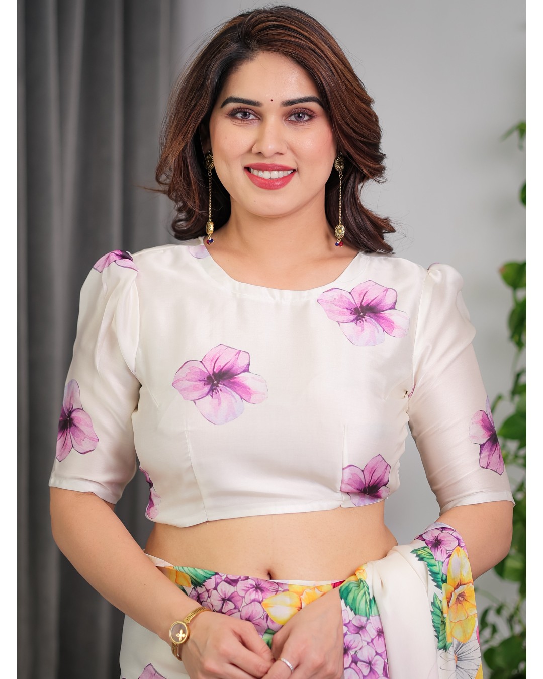 Floral Print Satin Georgette Saree with Designer Attached BP (Pack of 1)