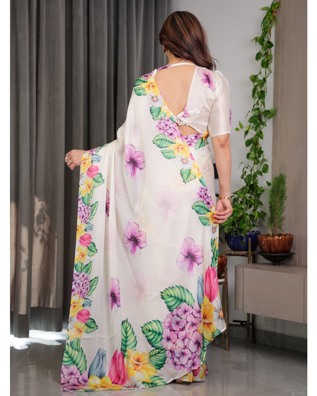 Floral Print Satin Georgette Saree with Designer Attached BP (Pack of 1)