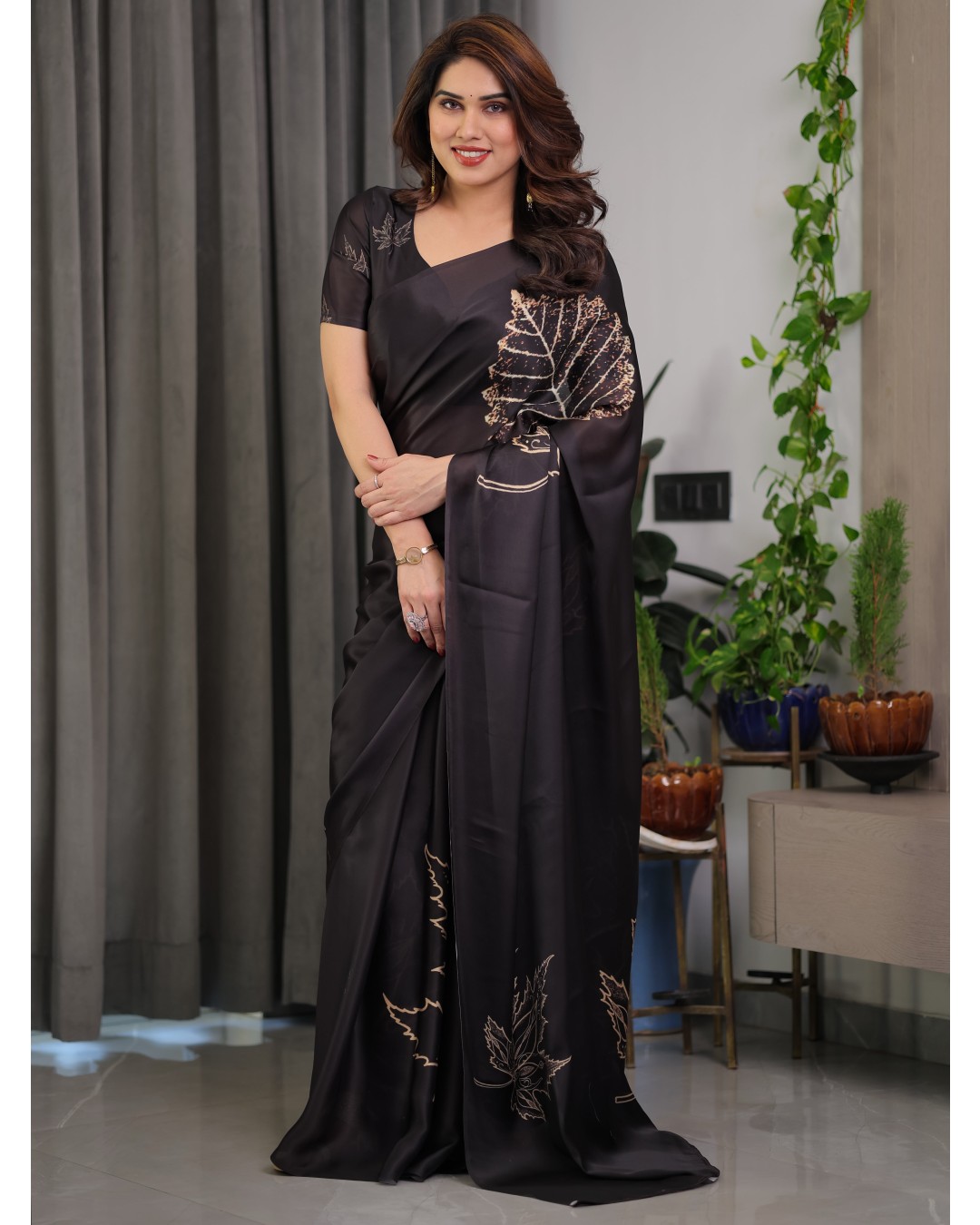 Floral Print Satin Georgette Saree with Designer Attached BP for Women (Pack of 1)