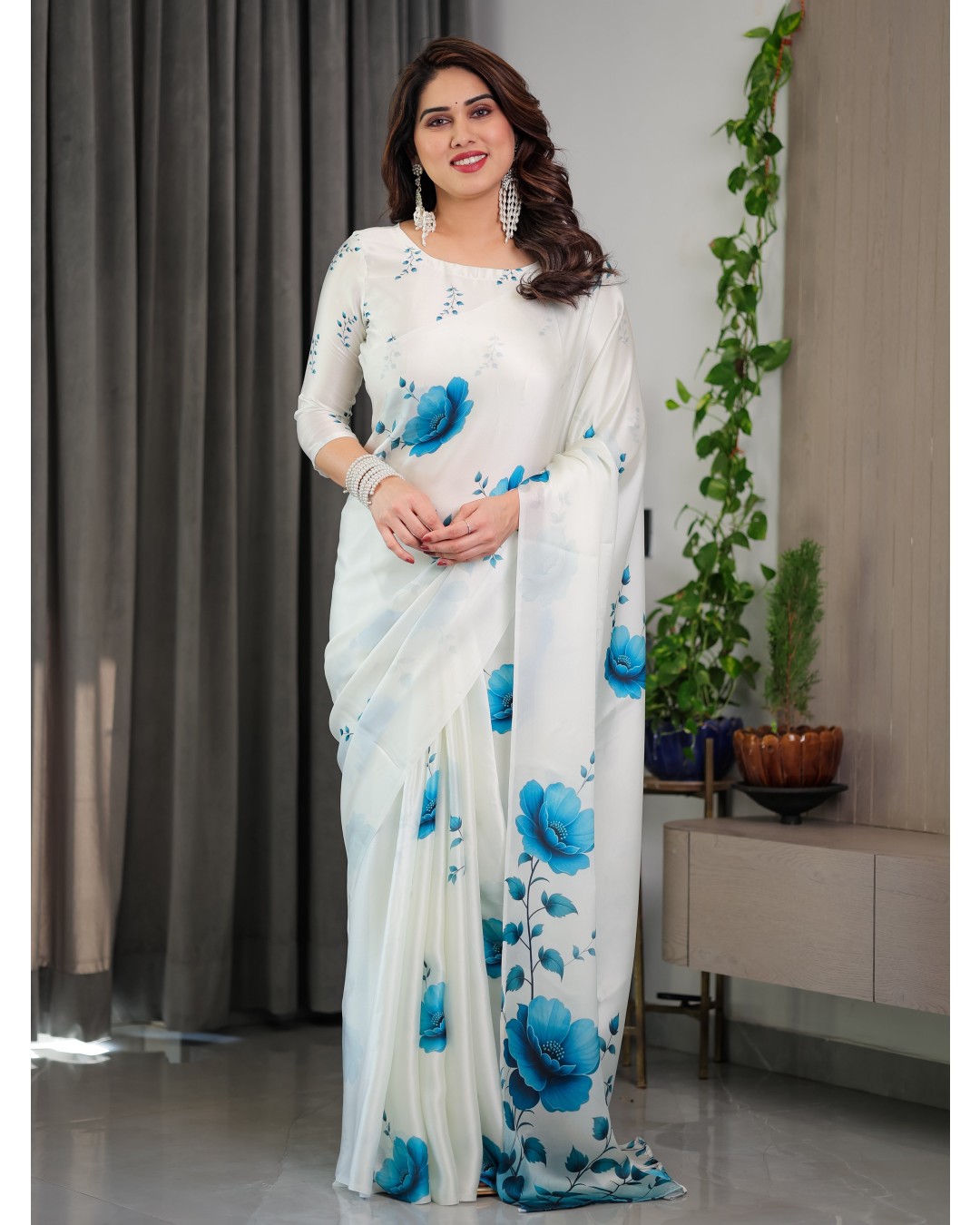 Floral Print Satin Georgette Saree with Designer Attached BP for Women (Pack of 1)