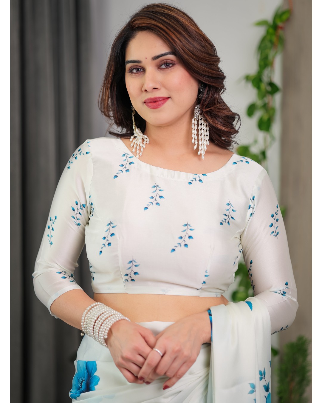 Floral Print Satin Georgette Saree with Designer Attached BP for Women (Pack of 1)