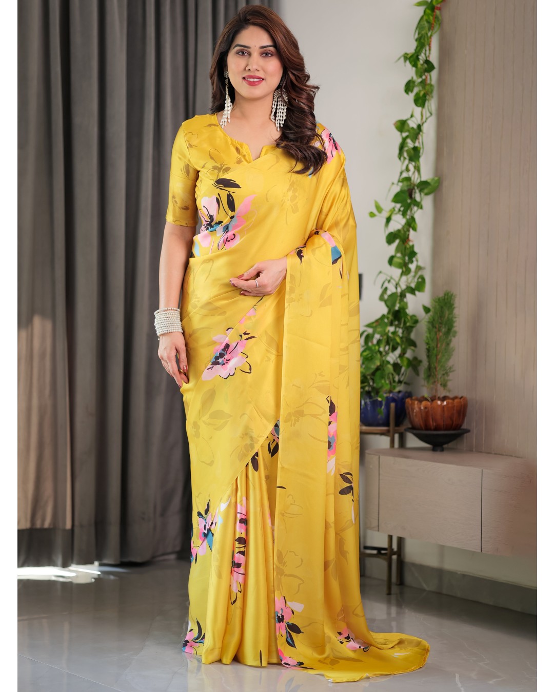Floral Print Satin Georgette Saree with Designer Attached BP for Women (Pack of 1)