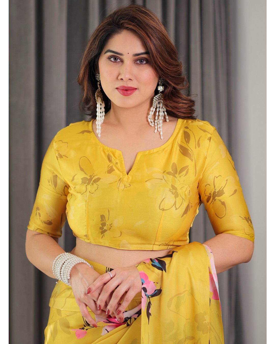 Floral Print Satin Georgette Saree with Designer Attached BP for Women (Pack of 1)