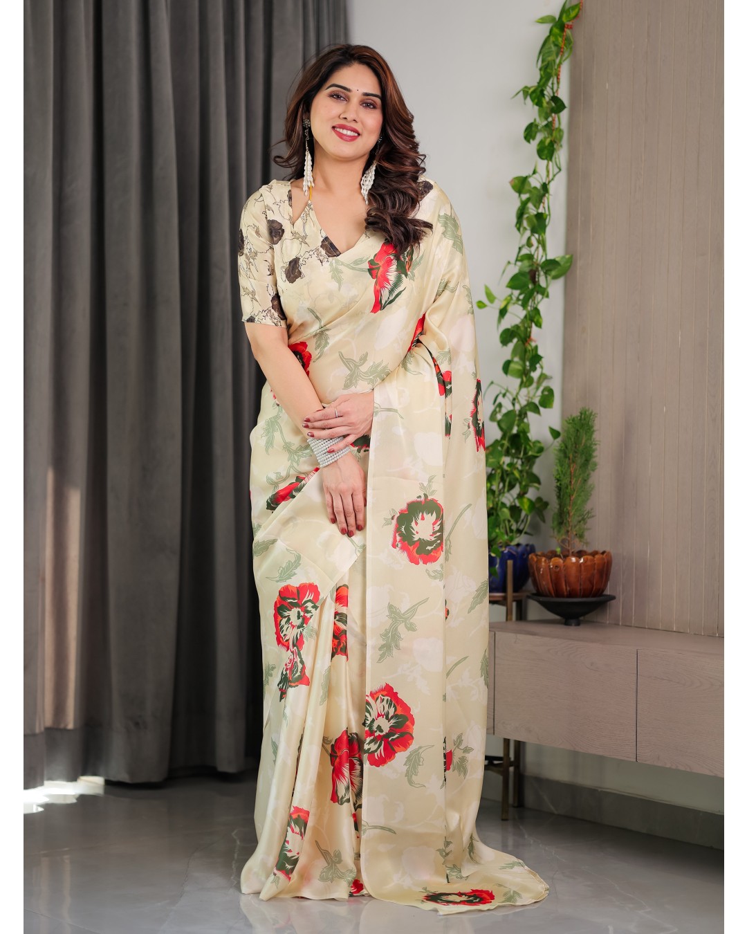 Floral Print Satin Georgette Saree with Designer Attached BP for Women (Pack of 1)