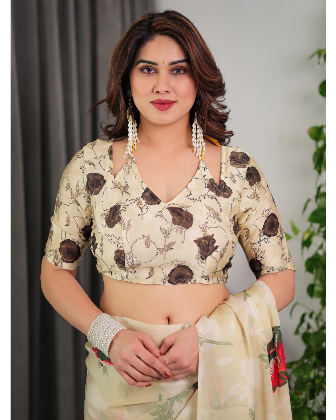 Floral Print Satin Georgette Saree with Designer Attached BP for Women (Pack of 1)