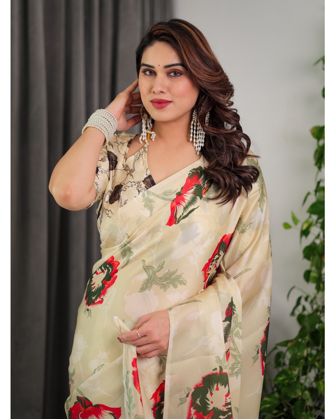 Floral Print Satin Georgette Saree with Designer Attached BP for Women (Pack of 1)