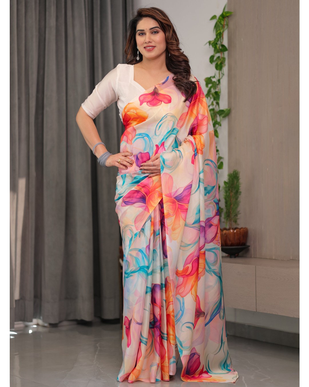 Floral Print Satin Georgette Saree with Designer Attached BP for Women (Pack of 1)