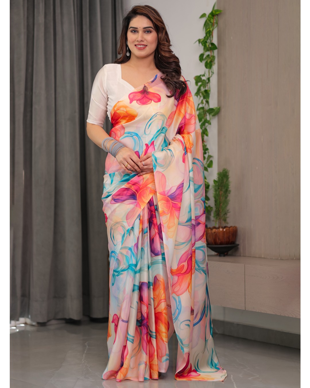 Floral Print Satin Georgette Saree with Designer Attached BP for Women (Pack of 1)
