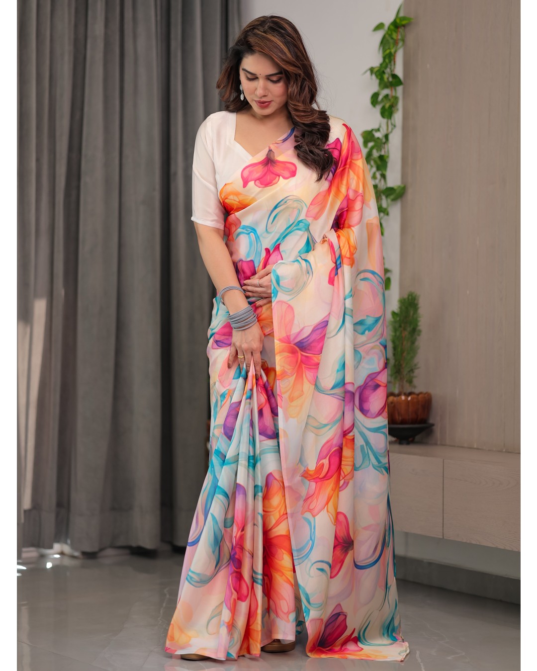 Floral Print Satin Georgette Saree with Designer Attached BP for Women (Pack of 1)