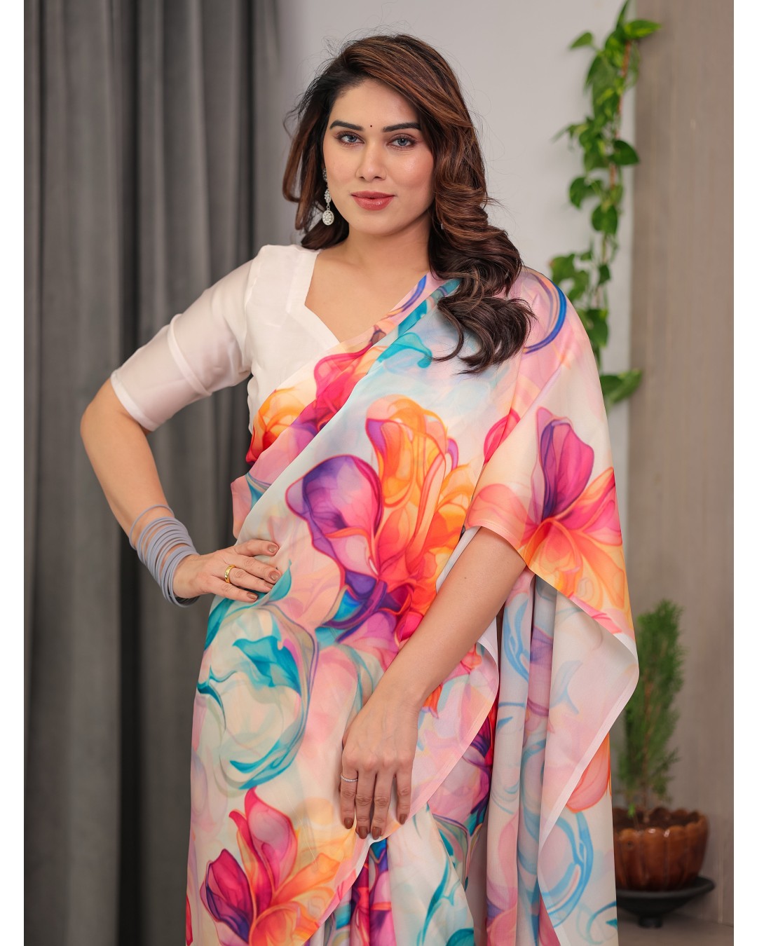 Floral Print Satin Georgette Saree with Designer Attached BP for Women (Pack of 1)