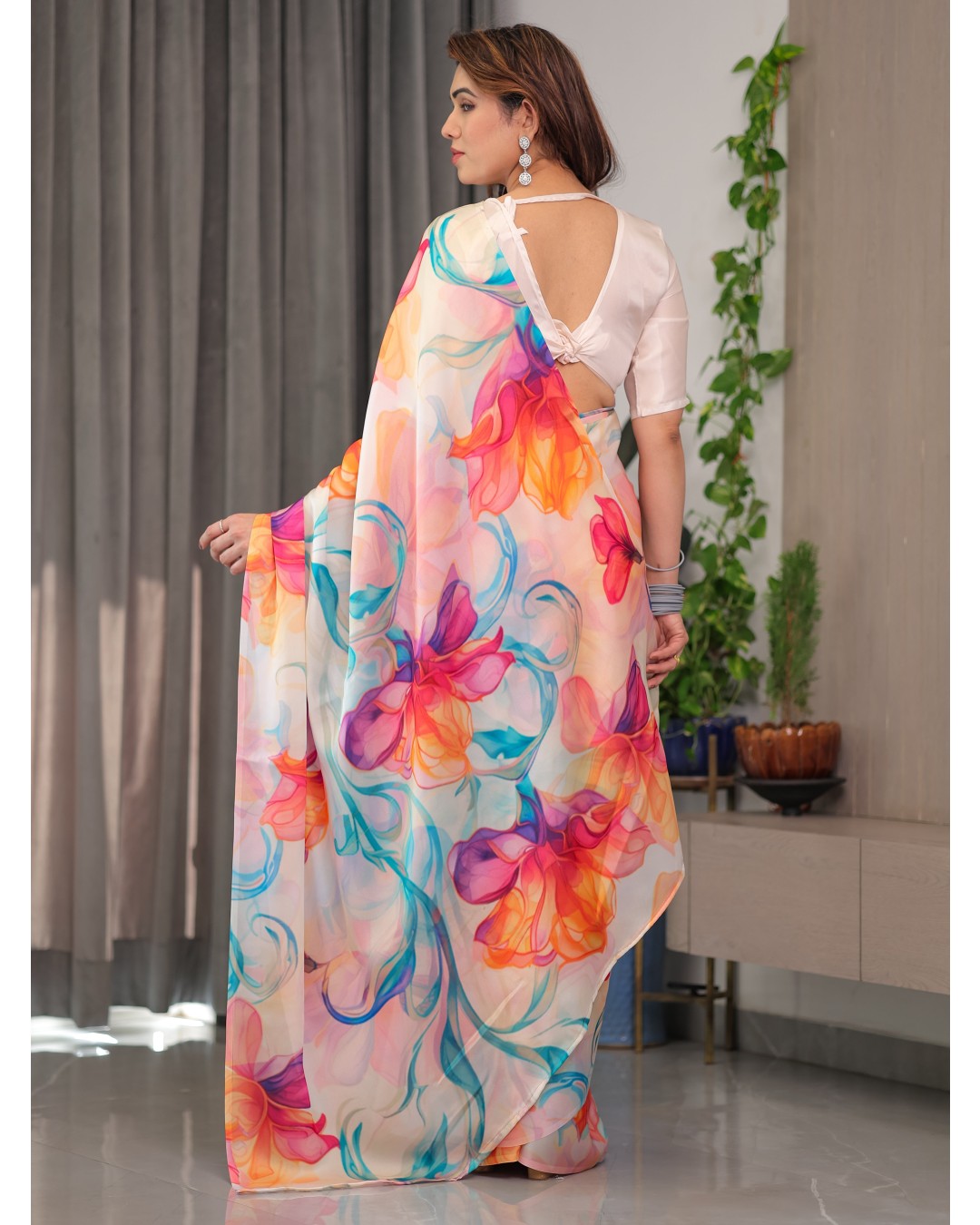 Floral Print Satin Georgette Saree with Designer Attached BP for Women (Pack of 1)