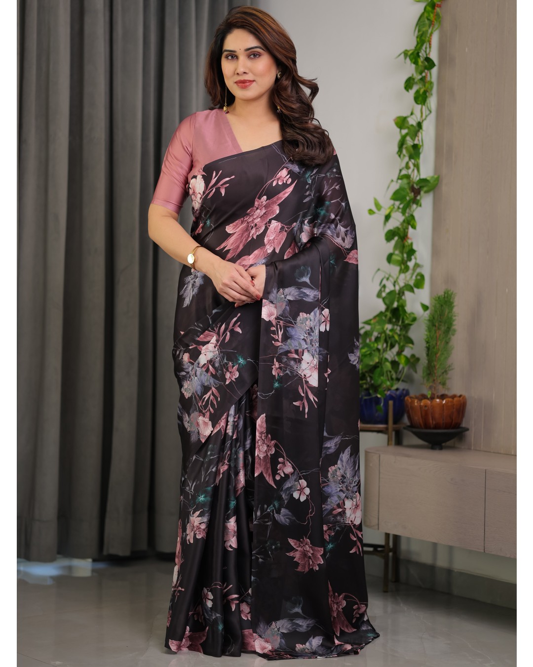 Women's Floral Print Satin Georgette Saree with Designer Attached Blouse (Pack of 1)