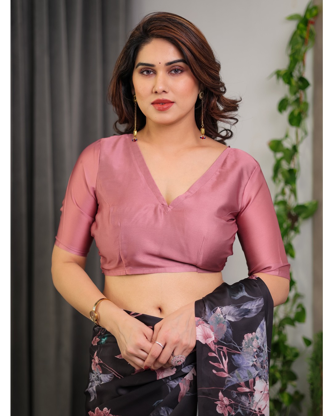 Women's Floral Print Satin Georgette Saree with Designer Attached Blouse (Pack of 1)