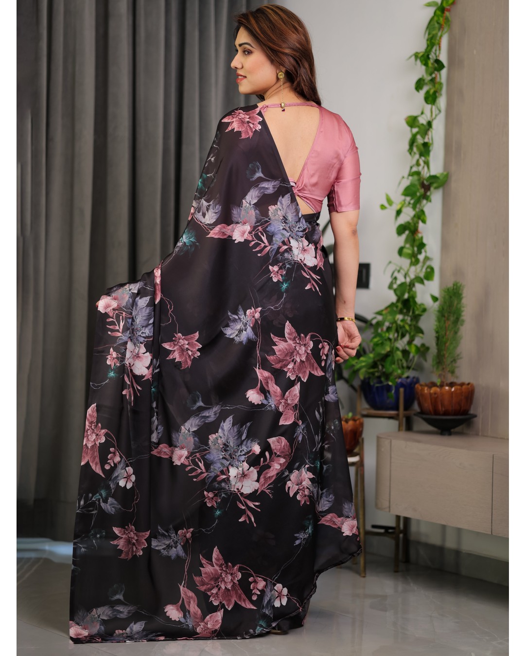 Women's Floral Print Satin Georgette Saree with Designer Attached Blouse (Pack of 1)