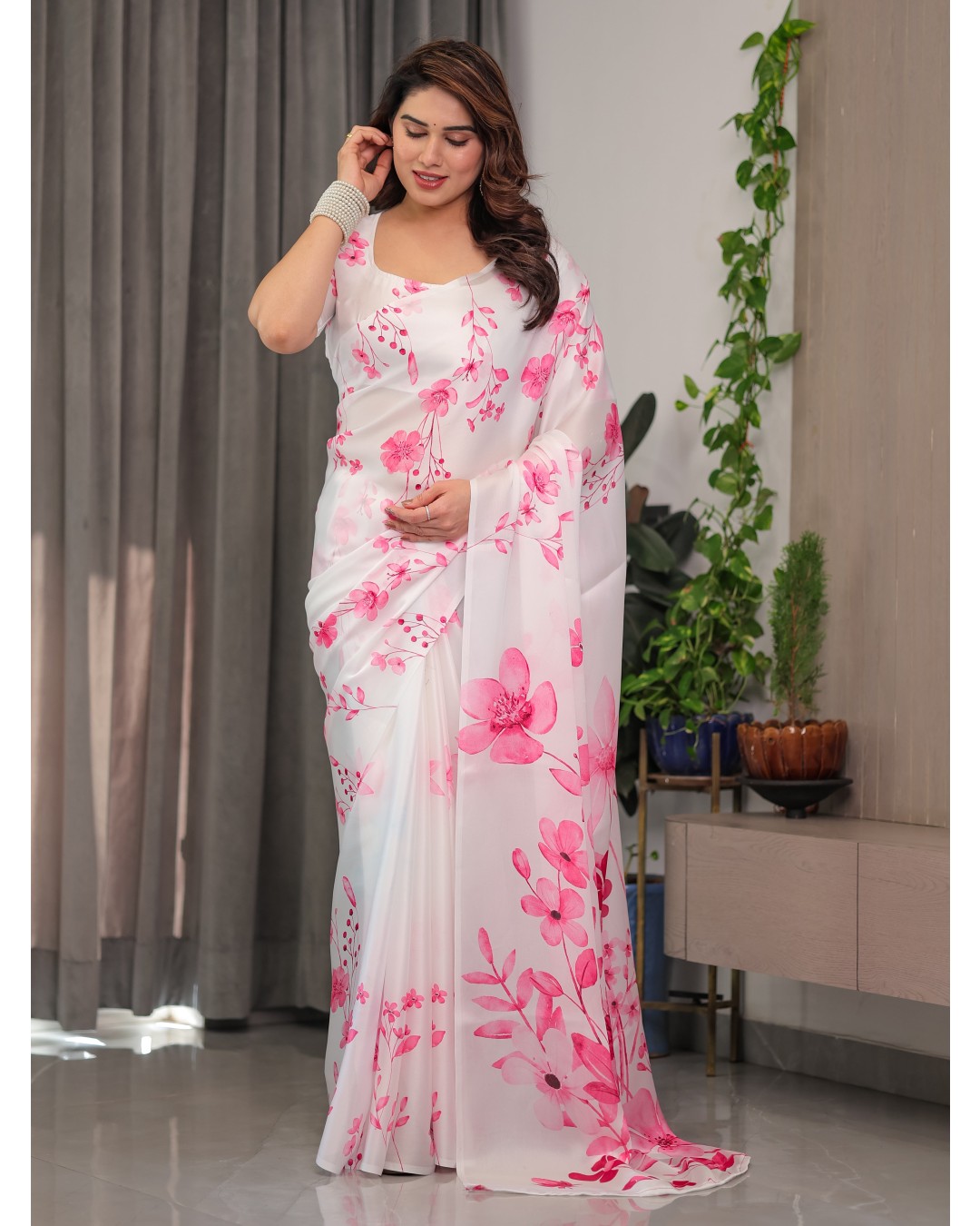 Women's Floral Print Satin Georgette Saree with Designer Attached Blouse (Pack of 1)