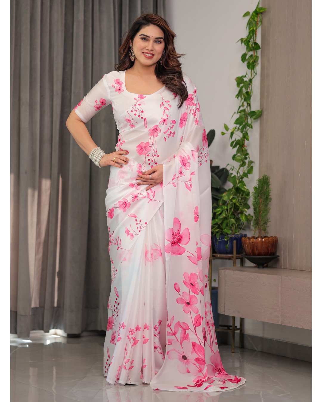 Women's Floral Print Satin Georgette Saree with Designer Attached Blouse (Pack of 1)