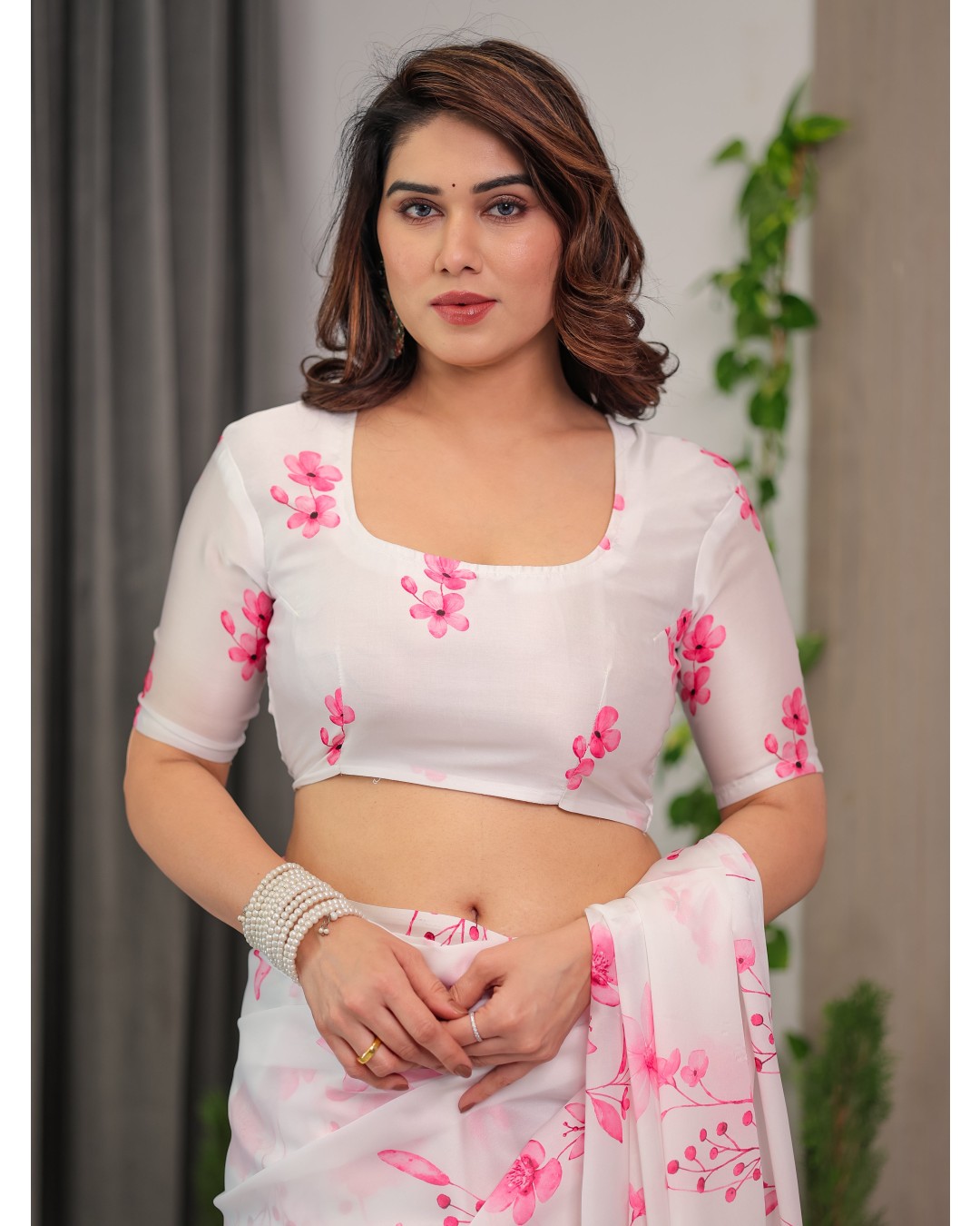 Women's Floral Print Satin Georgette Saree with Designer Attached Blouse (Pack of 1)