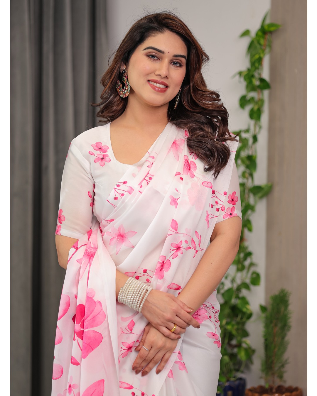 Women's Floral Print Satin Georgette Saree with Designer Attached Blouse (Pack of 1)