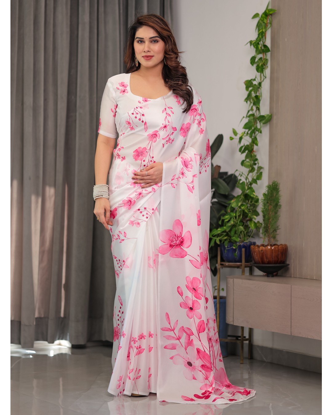 Women's Floral Print Satin Georgette Saree with Designer Attached Blouse (Pack of 1)