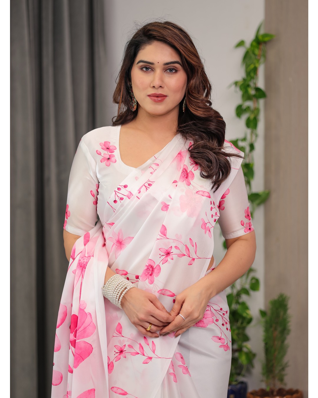 Women's Floral Print Satin Georgette Saree with Designer Attached Blouse (Pack of 1)