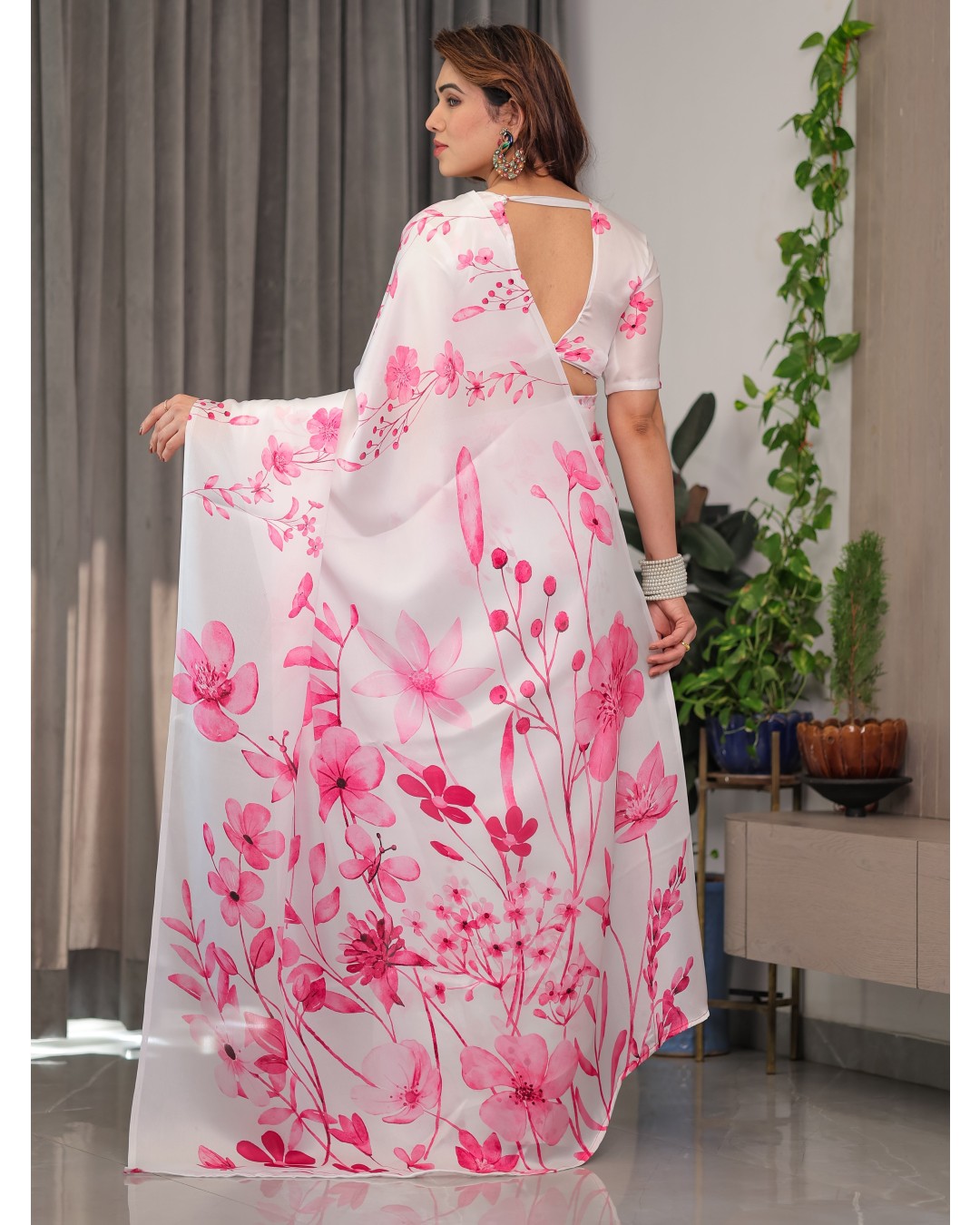 Women's Floral Print Satin Georgette Saree with Designer Attached Blouse (Pack of 1)