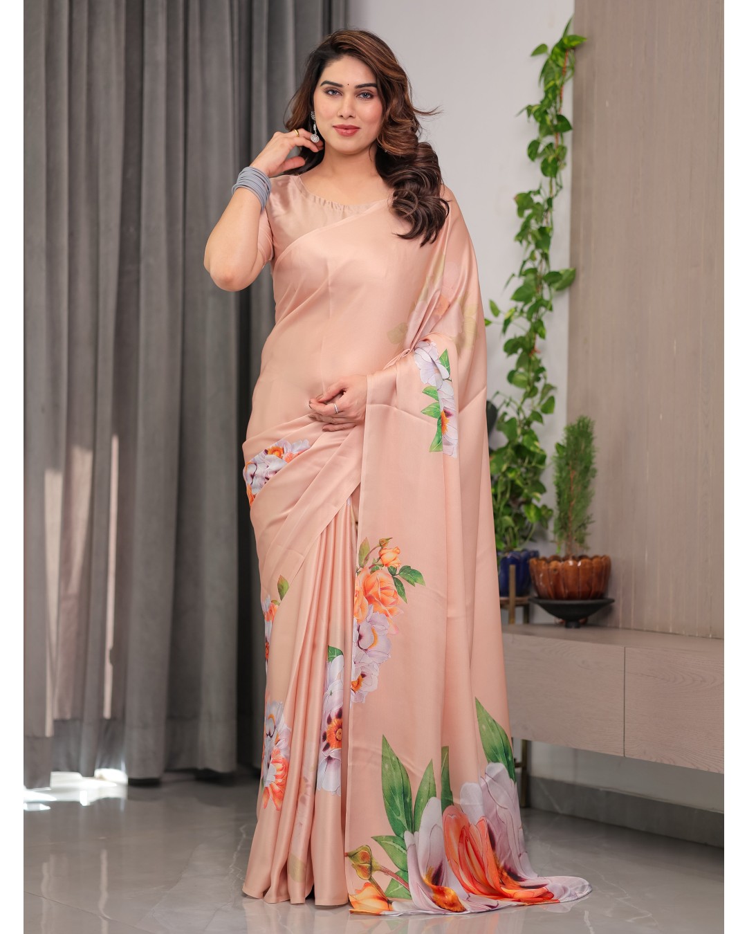 Women's Floral Print Satin Georgette Saree with Designer Attached Blouse (Pack of 1)