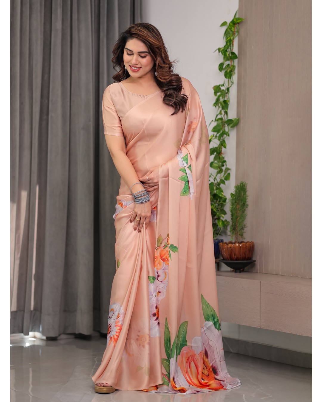 Women's Floral Print Satin Georgette Saree with Designer Attached Blouse (Pack of 1)