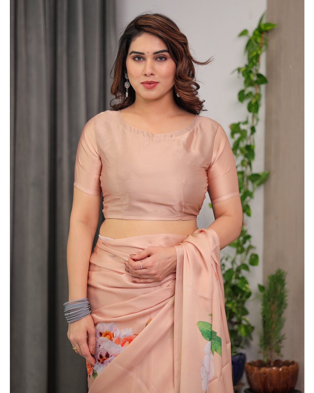 Women's Floral Print Satin Georgette Saree with Designer Attached Blouse (Pack of 1)