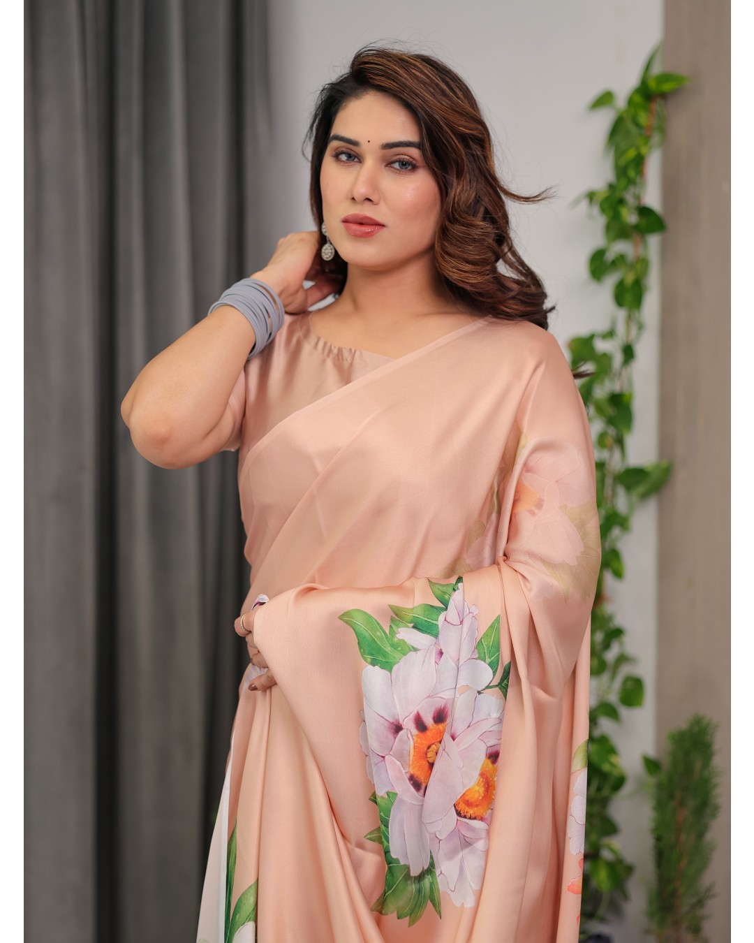 Women's Floral Print Satin Georgette Saree with Designer Attached Blouse (Pack of 1)