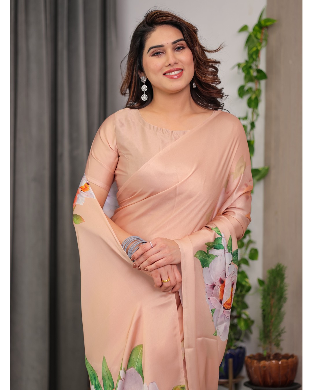 Women's Floral Print Satin Georgette Saree with Designer Attached Blouse (Pack of 1)