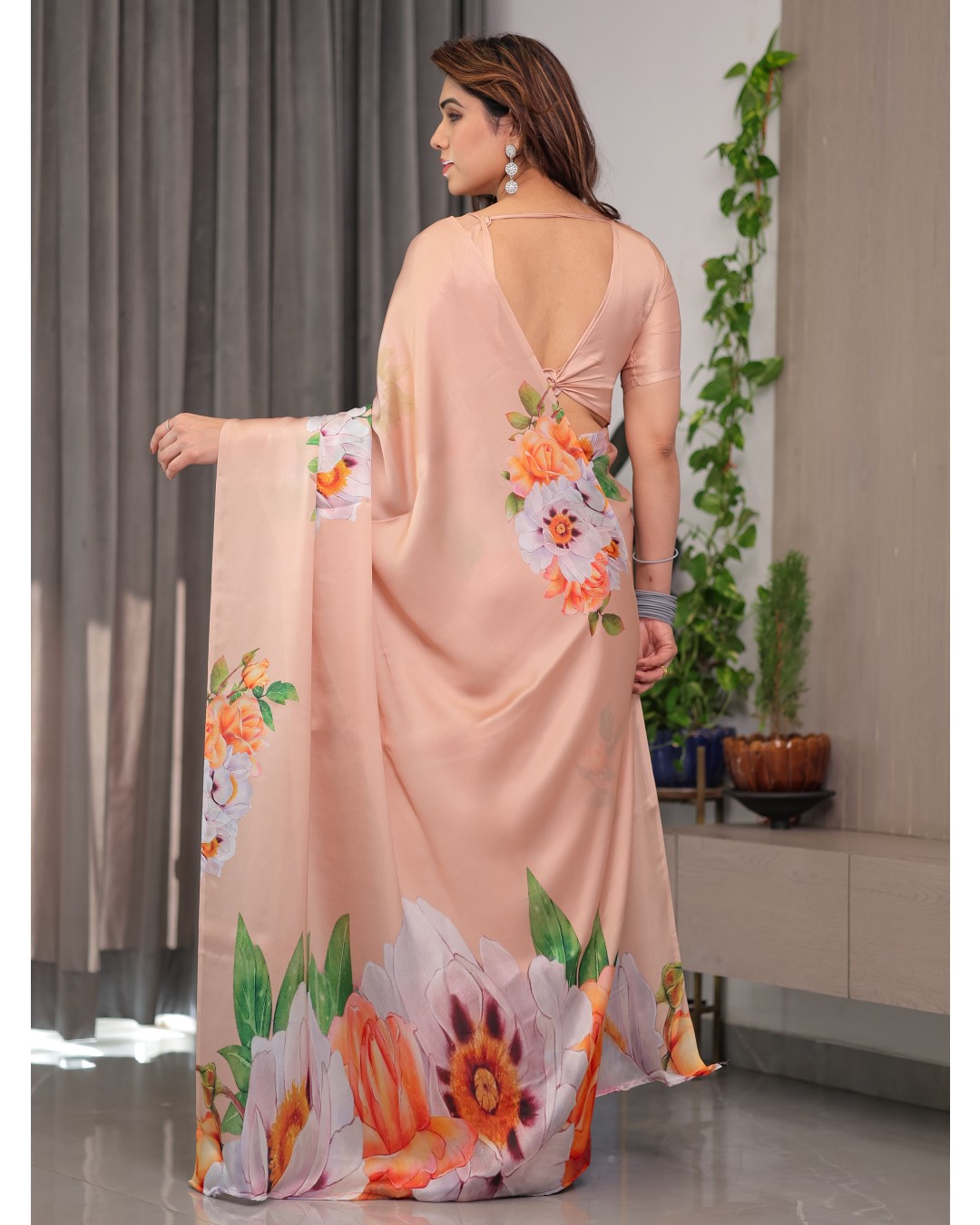 Women's Floral Print Satin Georgette Saree with Designer Attached Blouse (Pack of 1)