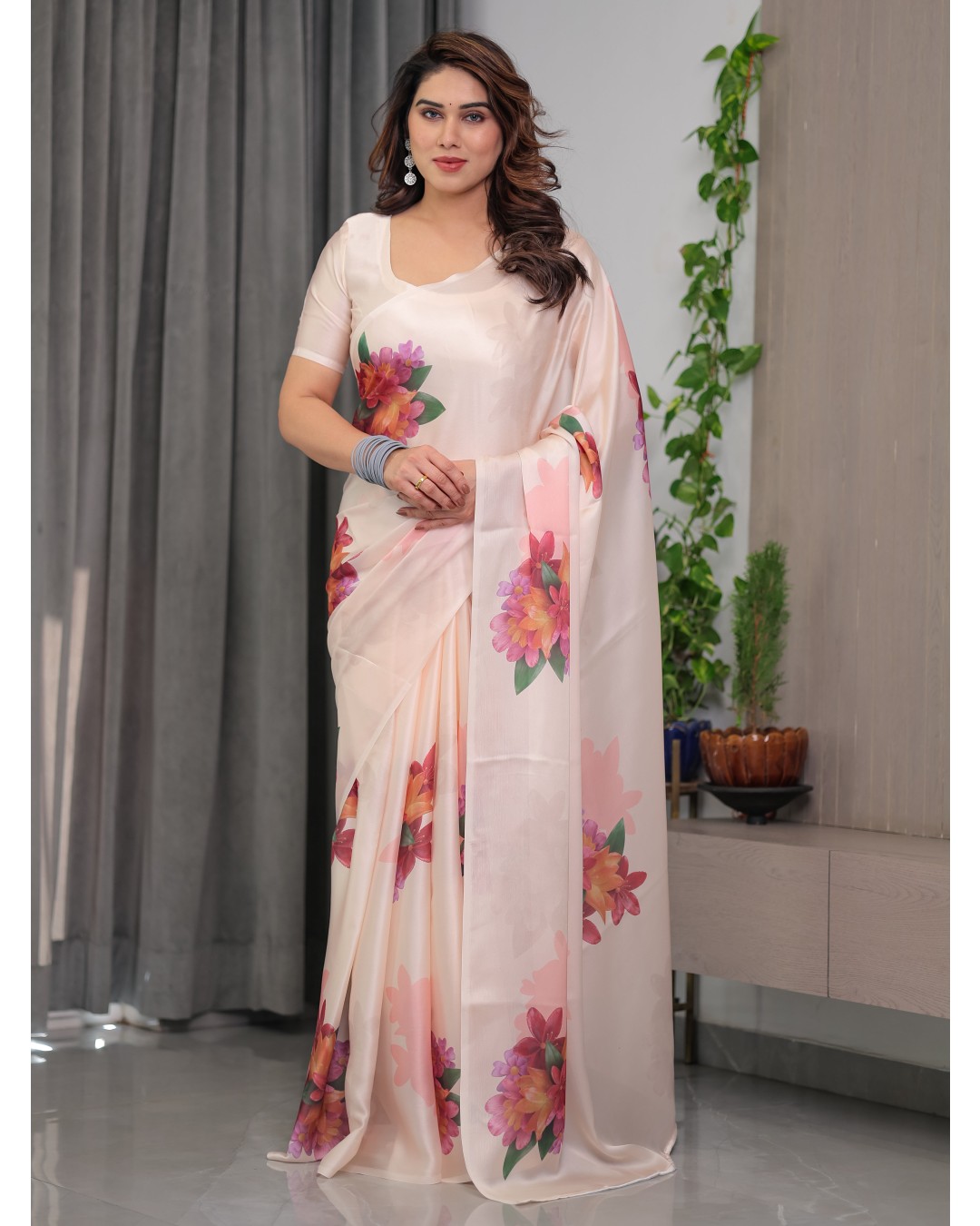 Women's Floral Print Satin Georgette Saree with Designer Attached Blouse (Pack of 1)