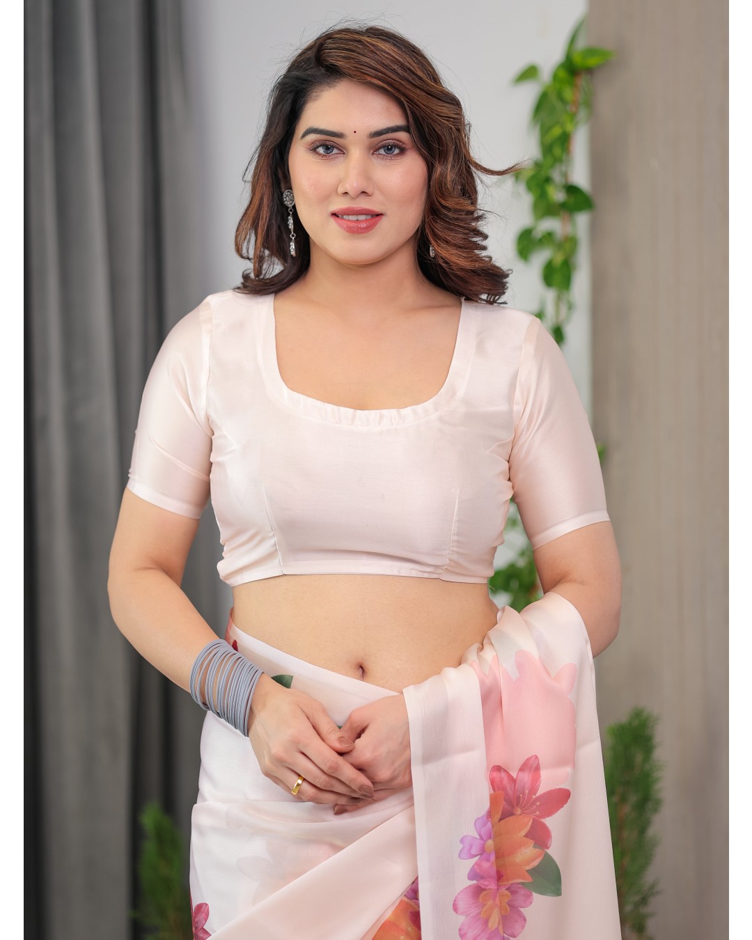 Women's Floral Print Satin Georgette Saree with Designer Attached Blouse (Pack of 1)