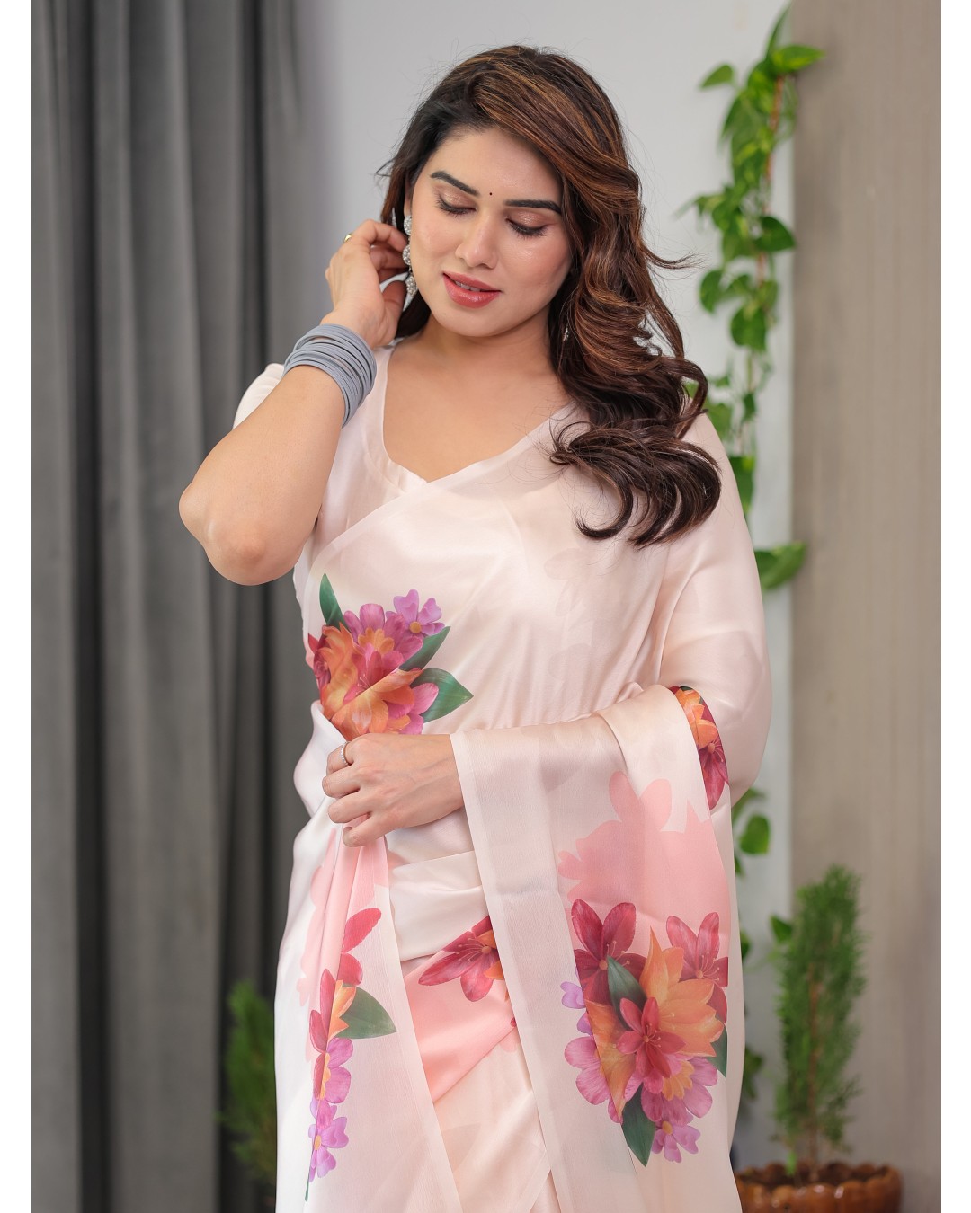 Women's Floral Print Satin Georgette Saree with Designer Attached Blouse (Pack of 1)