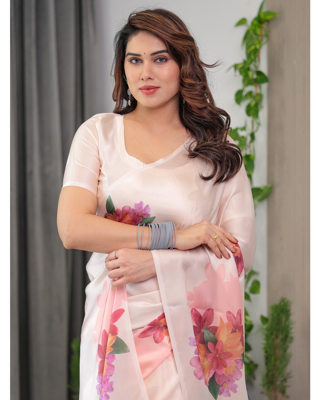 Women's Floral Print Satin Georgette Saree with Designer Attached Blouse (Pack of 1)