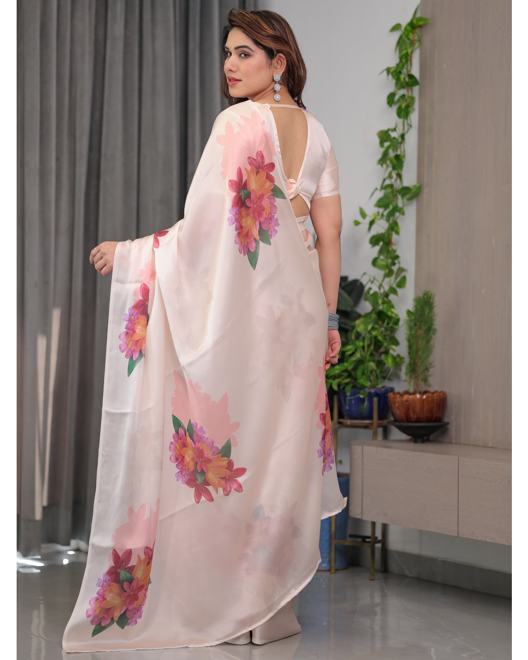 Women's Floral Print Satin Georgette Saree with Designer Attached Blouse (Pack of 1)