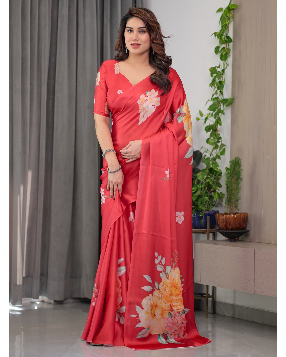 Women's Floral Print Satin Georgette Saree with Designer Attached Blouse (Pack of 1)